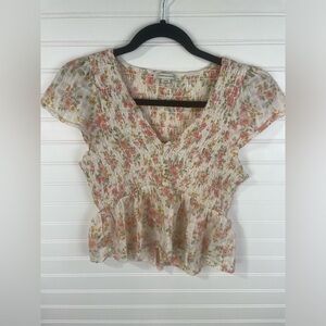American Eagle Floral V-neck Smocked Peplum Cropped Top Small Women’s EUC